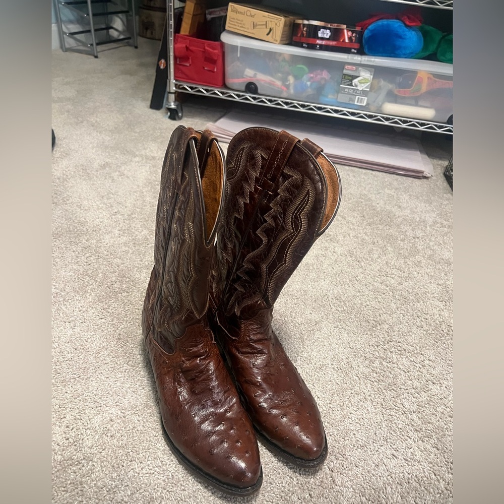 Dan Post Brown Ostrich & Cowhide Leather Cowboy Boots